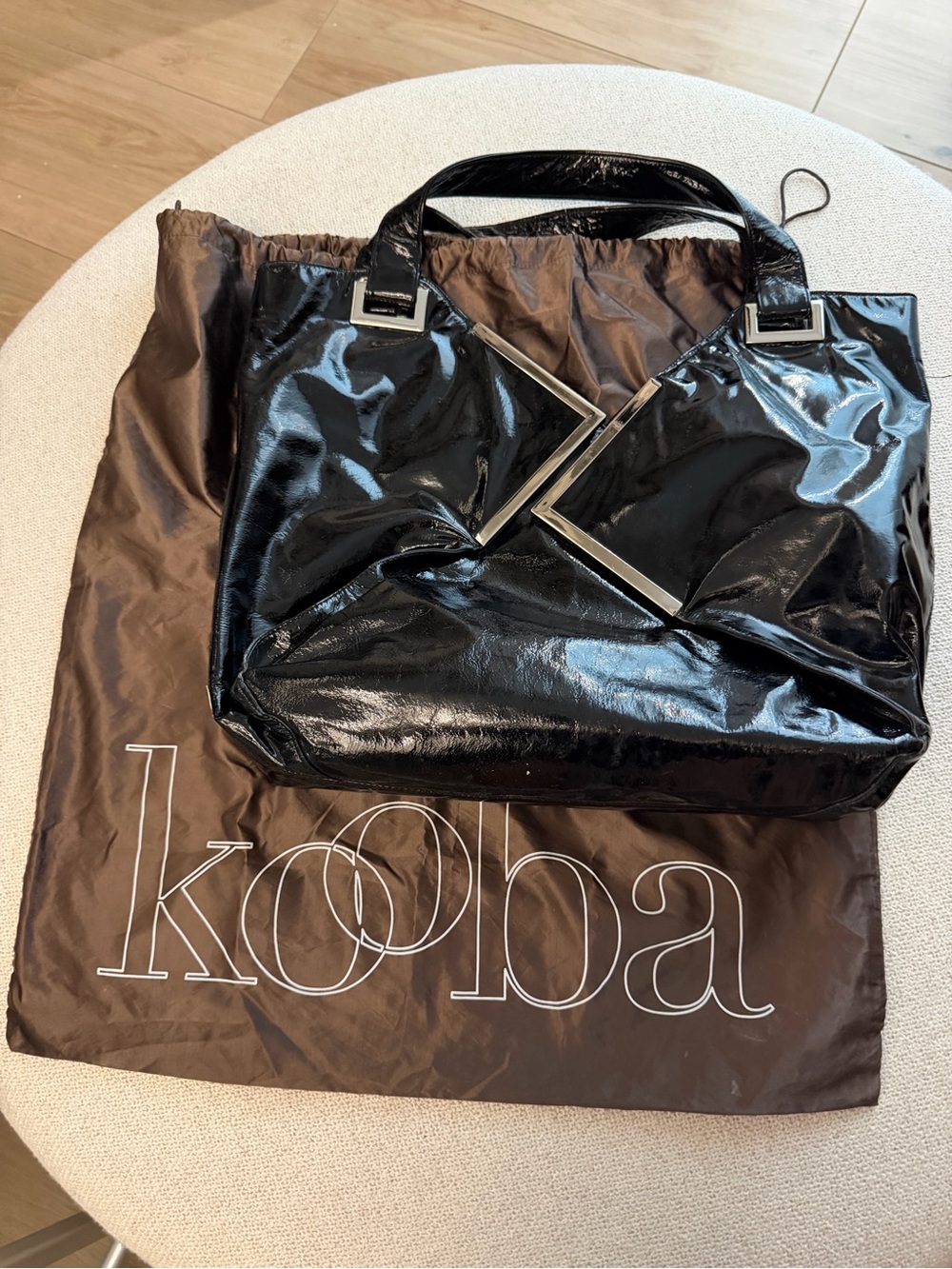Kooba Black Patent Tote with Silver Geometric Hardware